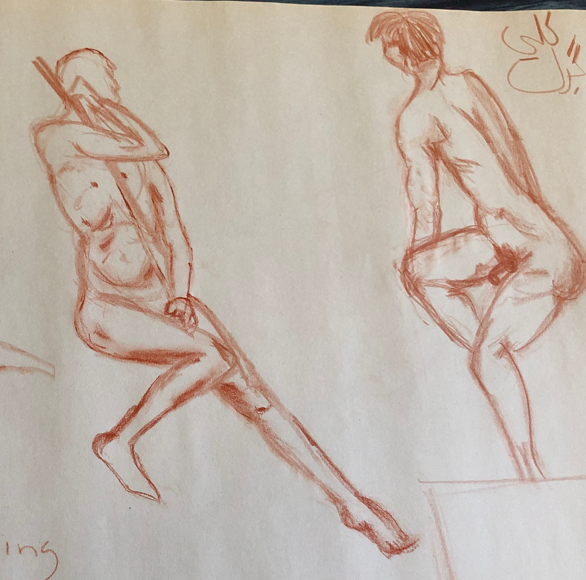 reddish-brown charcoal sketch of a naked man sitting on a stoll and twisting away from the viewer