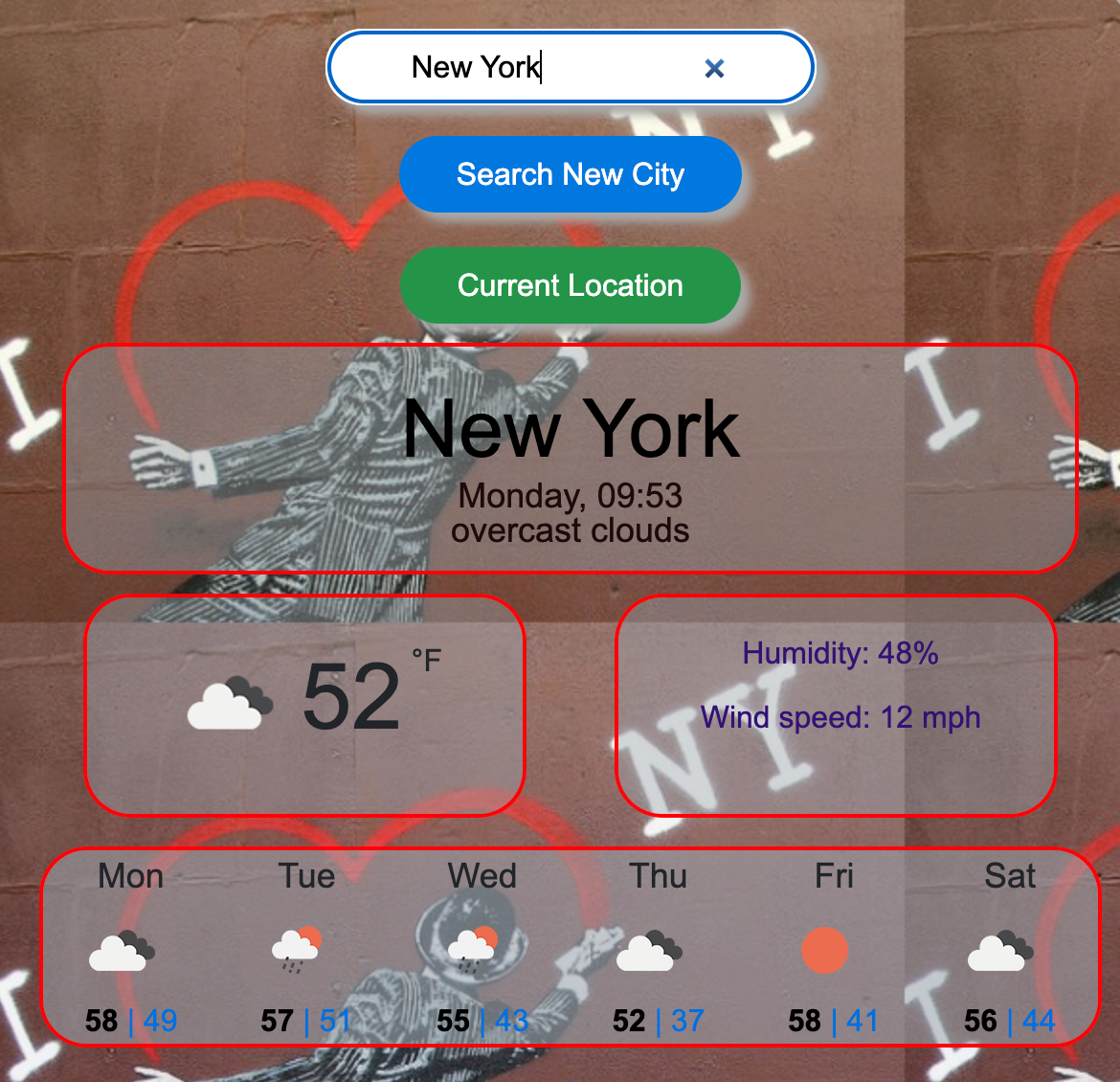 screenshot of weather-app with i love new york mural by Bansky